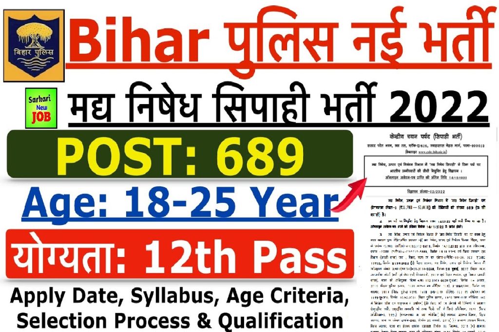 Bihar Police Constable Recruitment 2022  Apply Online for 689 Prohibition Constable Posts @csbc.bih.nic.in, Big News