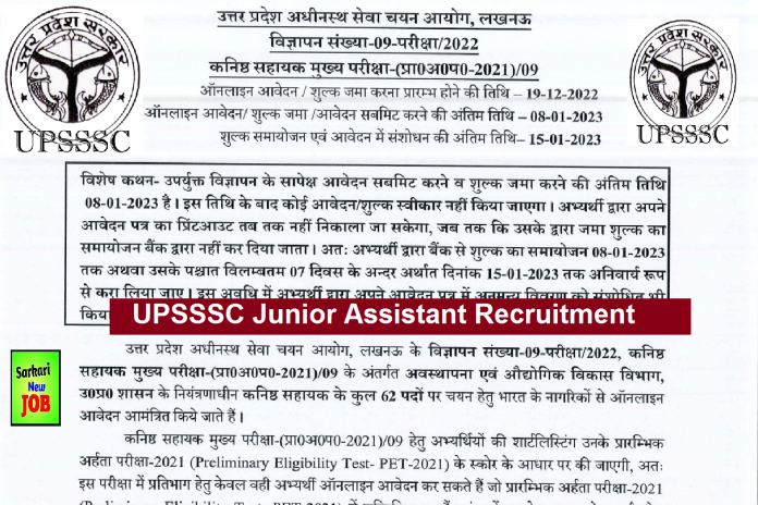 UPSSSC 10+2 Junior Assistant Recruitment 2022 for 62 Junior Assistant Vacancy 12th Pass Candidates Can Apply Online Big News