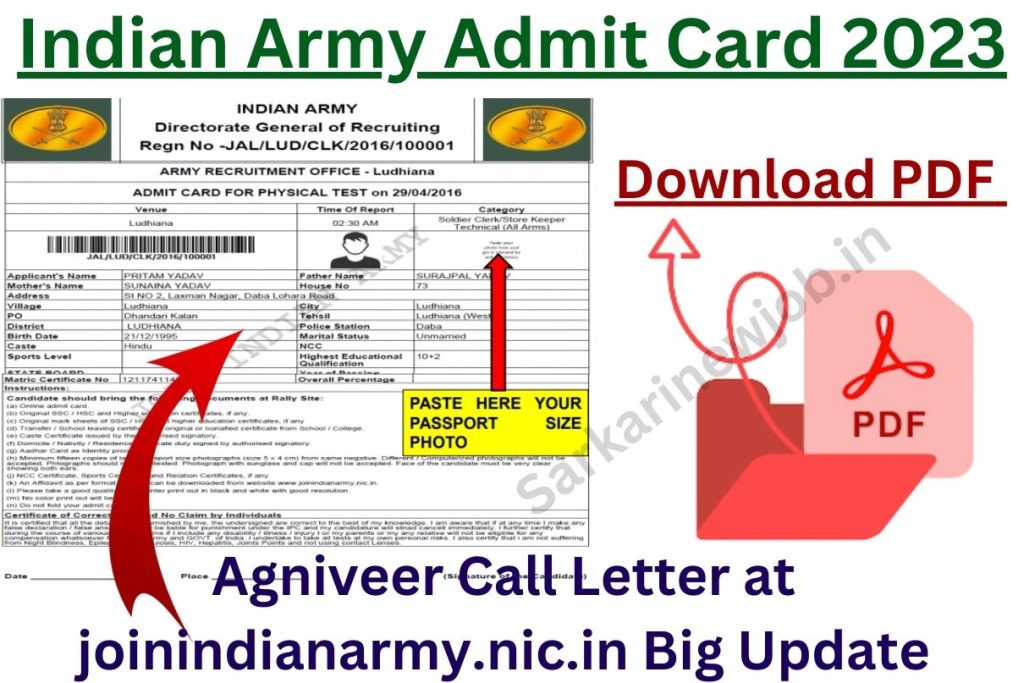 Indian Army Admit Card 2023 : Download PDF Agniveer Call Letter at joinindianarmy.nic.in Big Update
