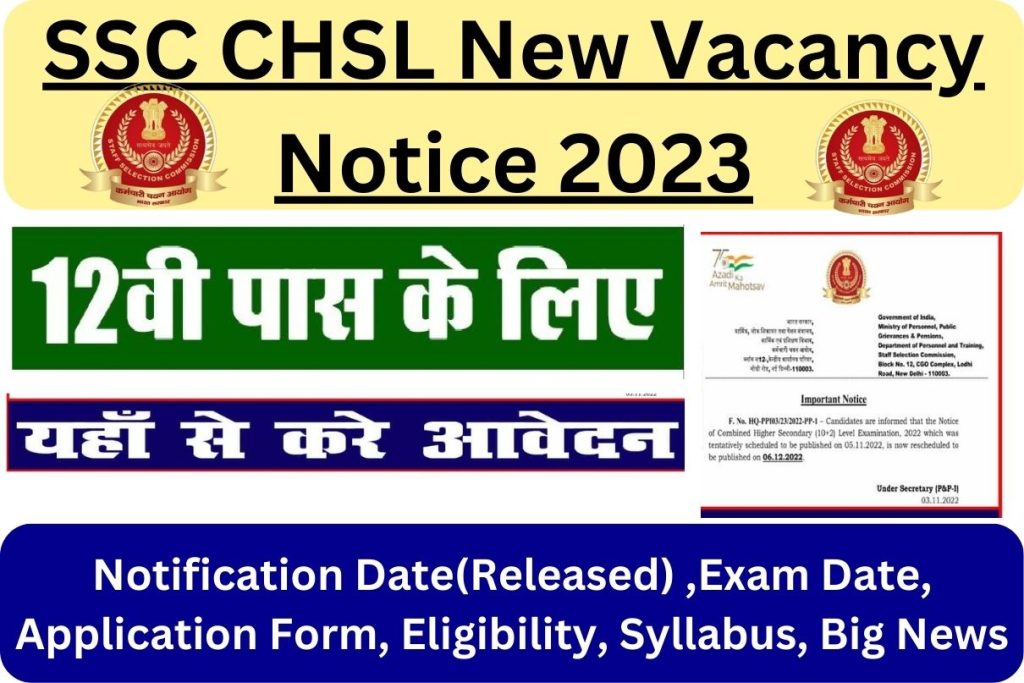 SSC CHSL New Vacancy Notice 2023 : Notification Date(Released) ,Exam Date, Application Form, Eligibility, Syllabus, Big News