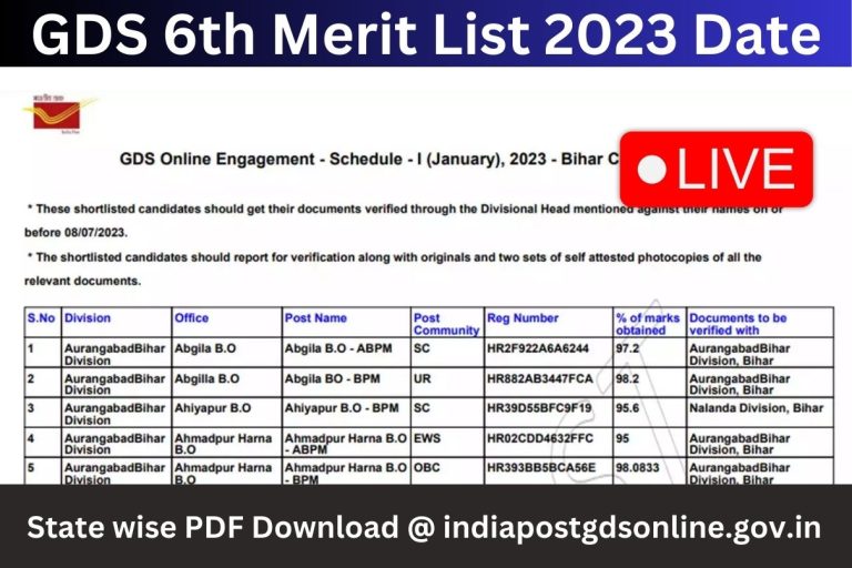 GDS 6th Merit List 2023 Date : State wise PDF Download @ indiapostgdsonline.gov.in