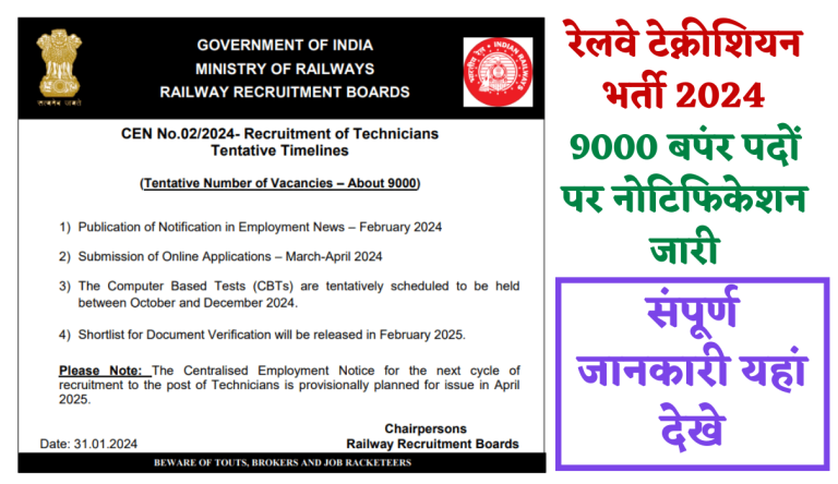 Railway Technician Recruitment 2024 रेलवे टेक्नीशियन भर्ती 2024 9000 बपंर पदों पर नोटिफिकेशन जारी Big Update