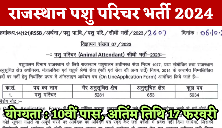Rajasthan Animal Attendant Recruitment 2024 पशु परिचर भर्ती का नोटिफिकेशन 5934 बपंर पदों पर जारी, 10वीं पास करे आवेदन Big Update