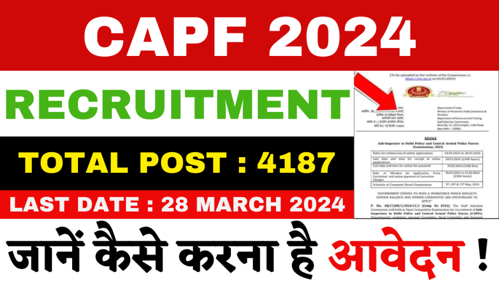 CAPF Recruitment 2024 Apply Online For 4187 Various Bumper Post Big News!!