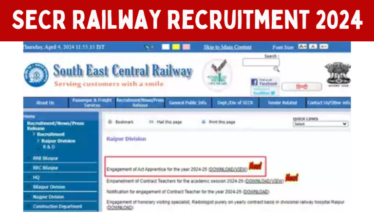 SECR Railway Recruitment 2024: Apply Online For 733 Various Post Big Update