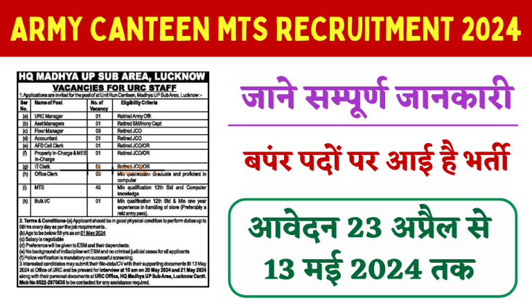 Army Canteen MTS Recruitment 2024 : 12वीं पास के लिए बिना परीक्षा भर्ती का नोटिफिकेशन जारी Big Update!!!